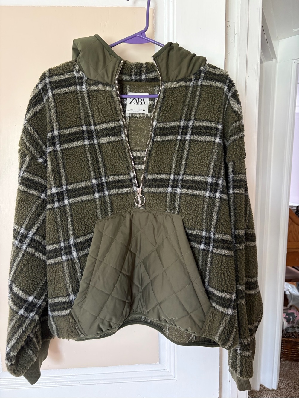 Zara Olive Plaid Sherpa Half-Zip Hoodie